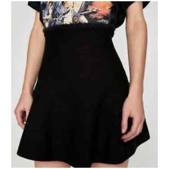 ZARA High-Rise Faux Fur Trim Stretch-Knit Circle Black Mini Skirt - Picture 1 of 5